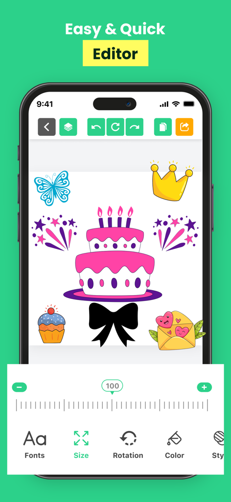 Designs For Cricut Space - Mobile editor interface of Designs For Cricut Space app showing various graphic stickers like a cake and crown with size adjustment tools