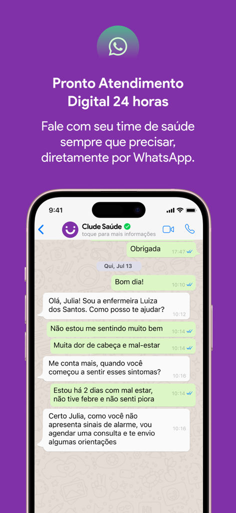 Clude - Interfaccia della chat di consultazione sanitaria digitale tramite WhatsApp dell'app Clude