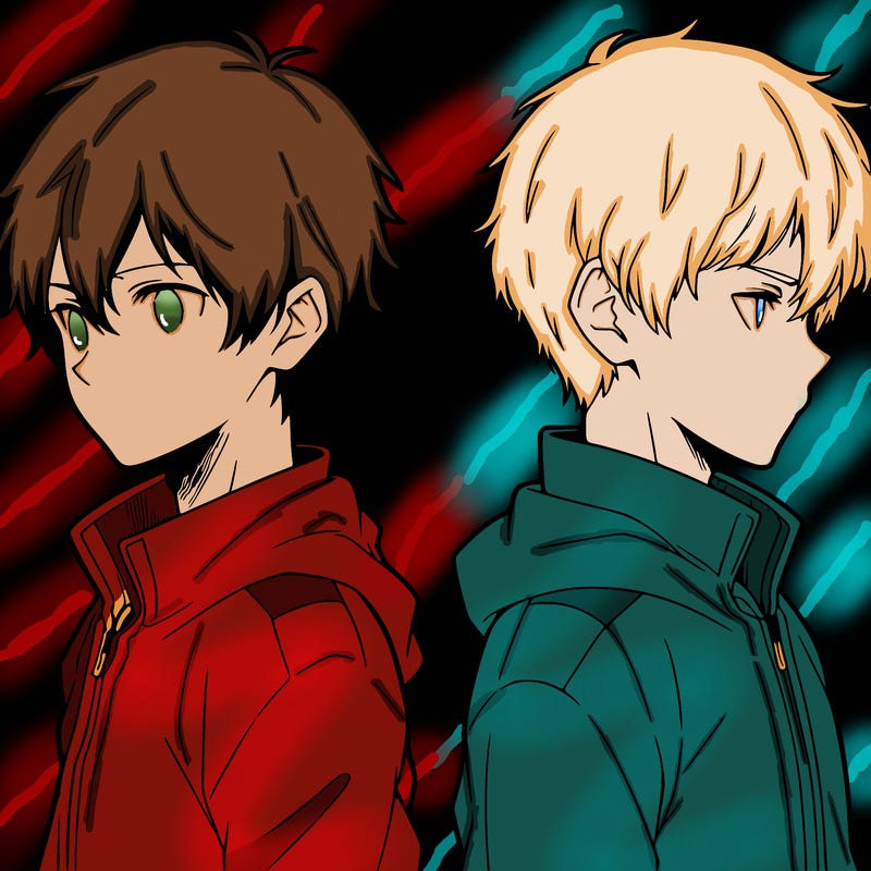 two anime boys with one looking straight and the other looking away