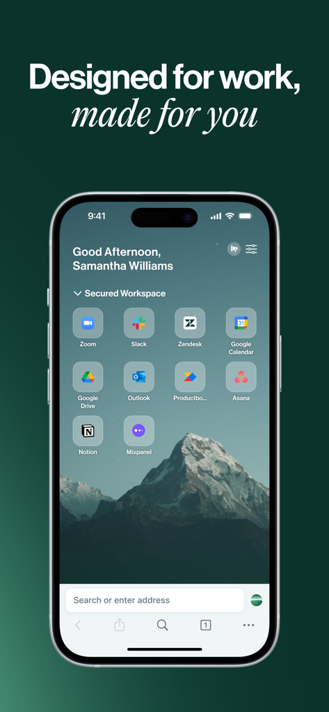 Island Enterprise Browser home screen showing a secured workspace with integrated business apps