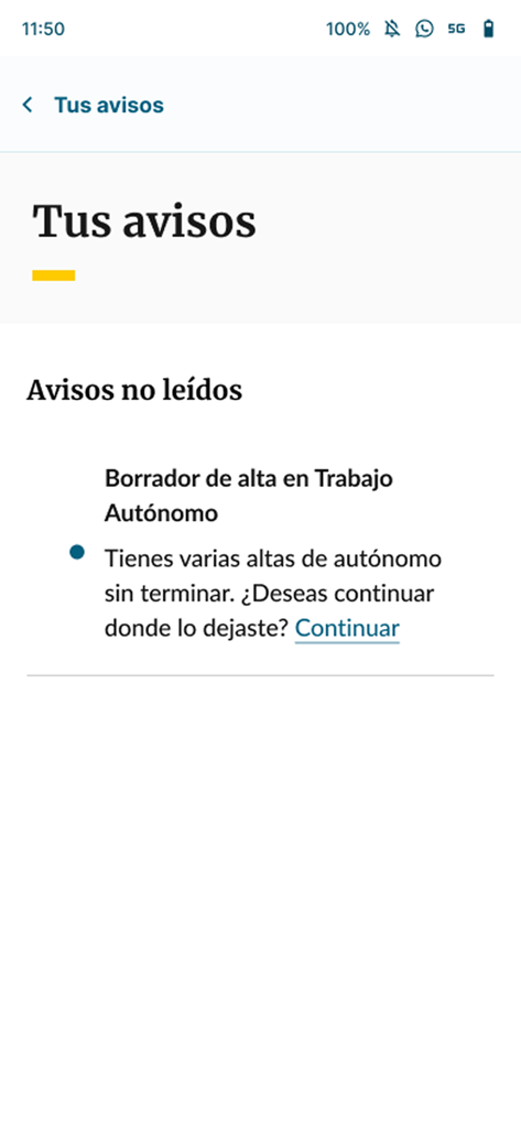 Unread notices screen in the Importass app for self employment registration