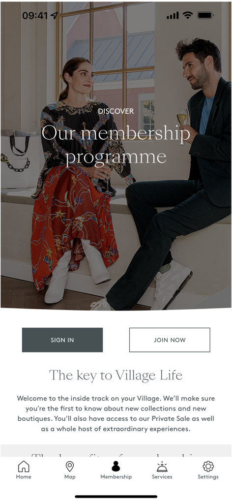 Kildare Village app home screen for the membership program with sign in and join buttons