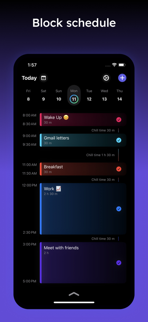 Aplicación Daily Planner que muestra un horario de bloques con una vista de línea de tiempo en modo oscuro para tareas