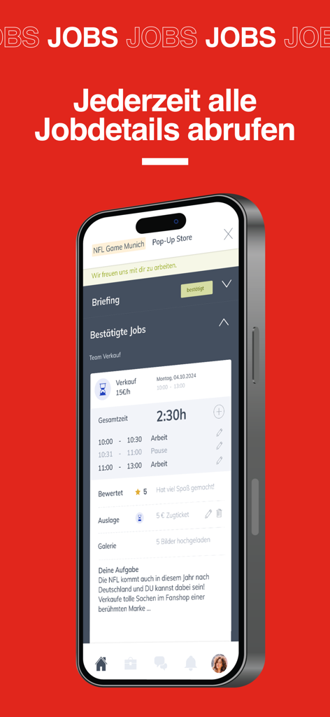 SPORTFIVE Eventjobs - Mobile app interface of SPORTFIVE Eventjobs showing confirmed job details, time tracking, and earnings for an event worker.