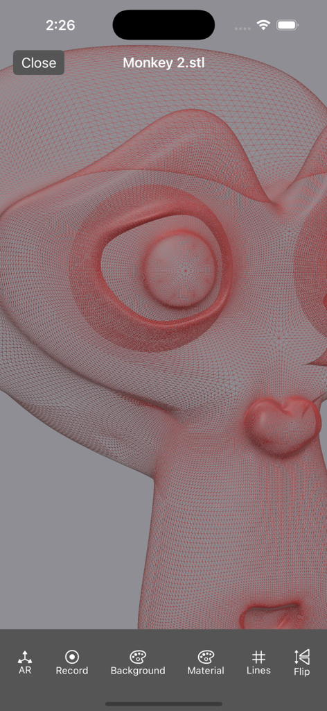 iPhone screenshot of a 3D model viewer app showing a detailed red wireframe mesh of a monkey character model.