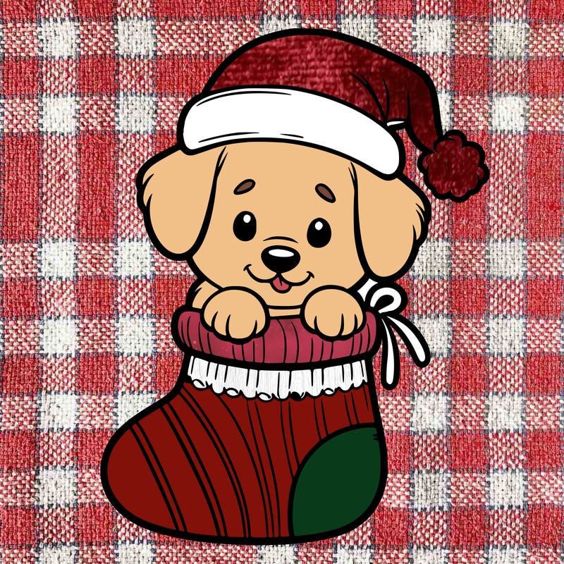 cute puppy wearing santa hat in socking