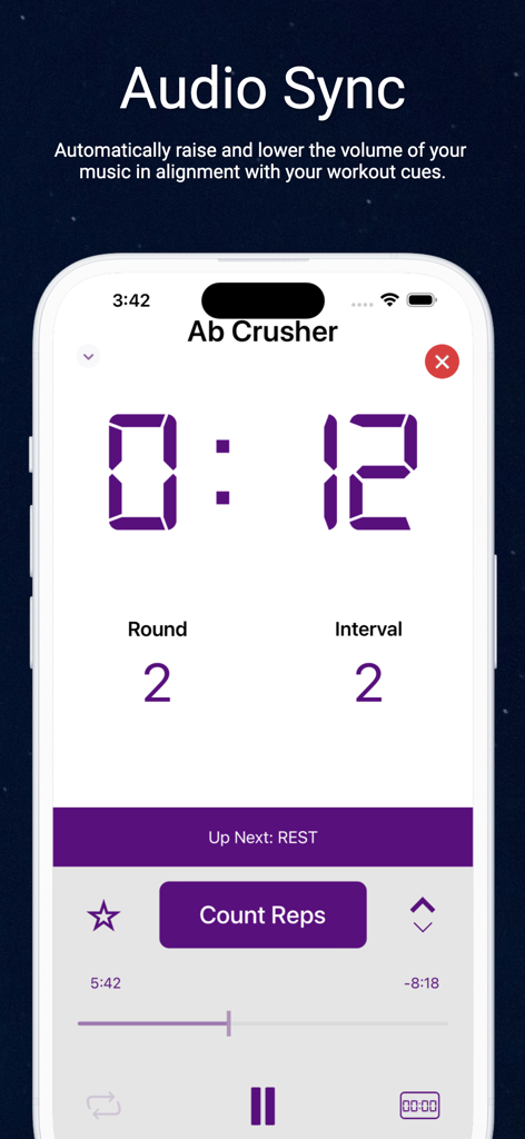 GymNext Flex Timer app interface displaying the Audio Sync feature and workout timer.