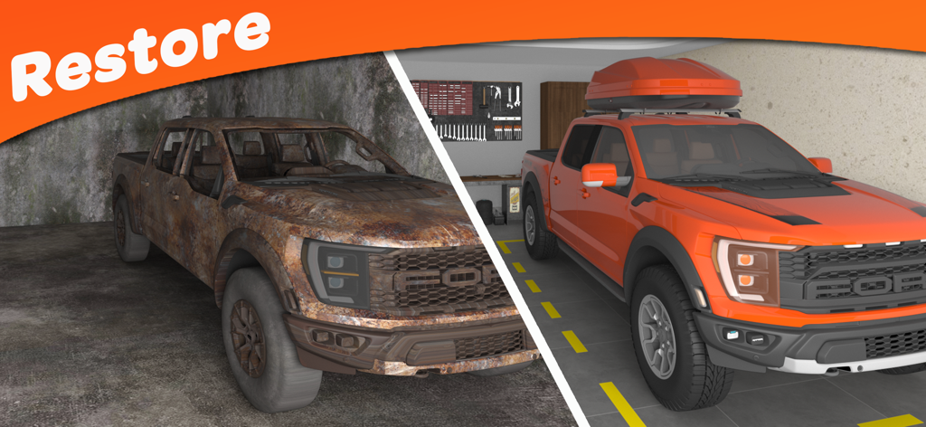 Before and after comparison of a rusty truck being restored to a shiny orange pickup truck in the House Design game.