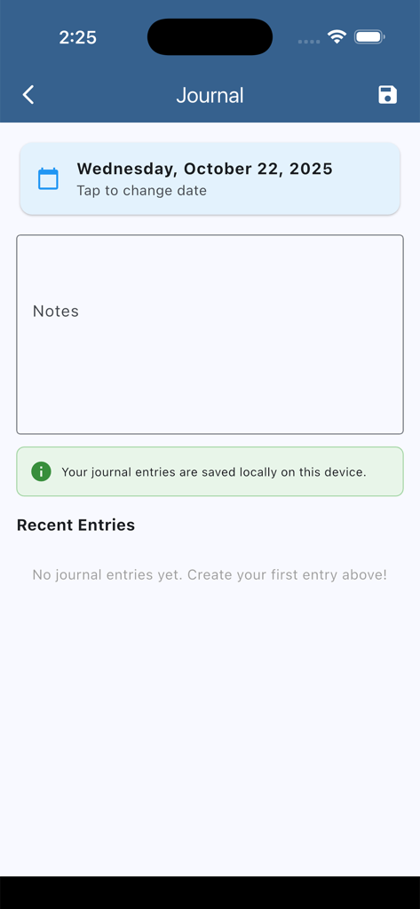 Training journal interface in the BPVA Calendar app for tracking athlete notes and progress.