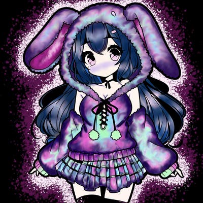 pretty anime girl wearing a fluffy hoodie with bunny ears on the hood and a skirt