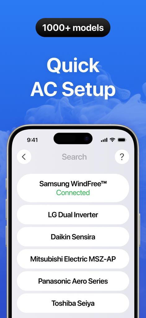 Universal AC Remote Control ‧ - Pantalla de configuración rápida de AC que muestra una lista de marcas compatibles como Samsung, LG y Daikin en la aplicación Control Remoto Universal de Aire Acondicionado