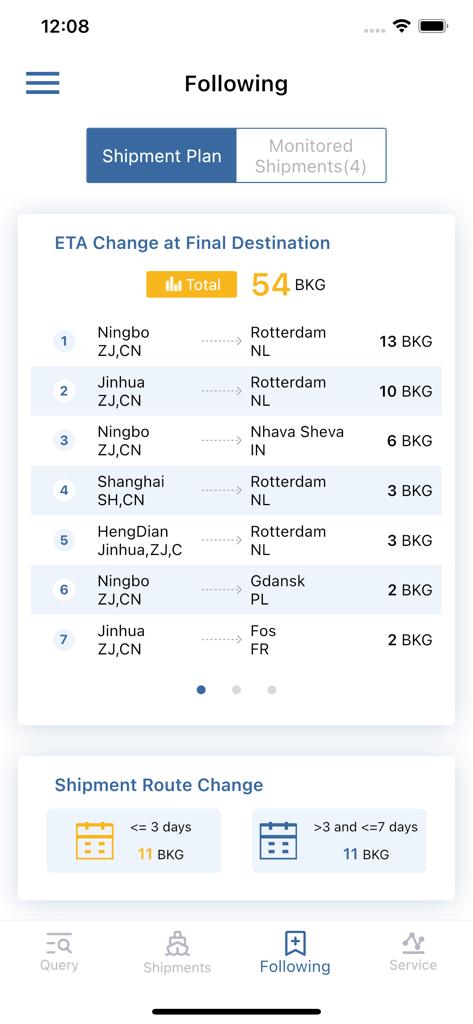 COSCO SHIPPING Lines - Shipment plan screen in the COSCO SHIPPING app displaying ETA changes and route tracking for global freight