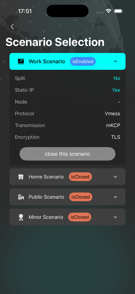 Fs-link super fast and secure - Fs-link app scenario selection menu showing work and home connection profiles