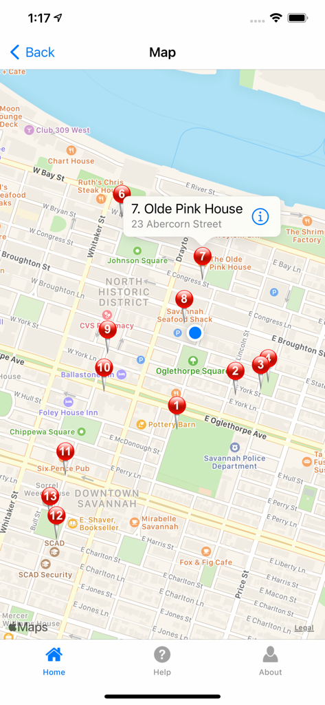 Ghosts of Savannah - Una mappa di Savannah nell'app del tour dei fantasmi che mostra segnaposto rossi numerati per le località del tour infestato.