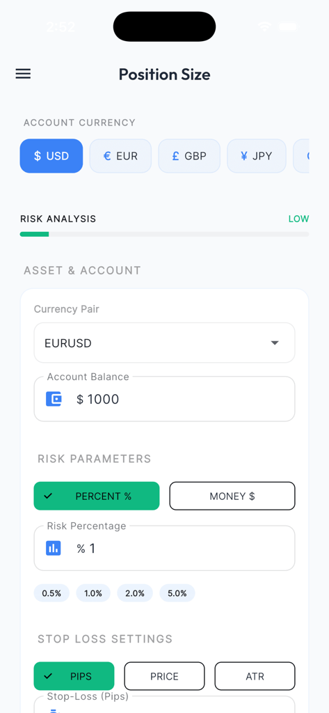 Interface da calculadora de tamanho de posição Forex para gestão de risco de trading