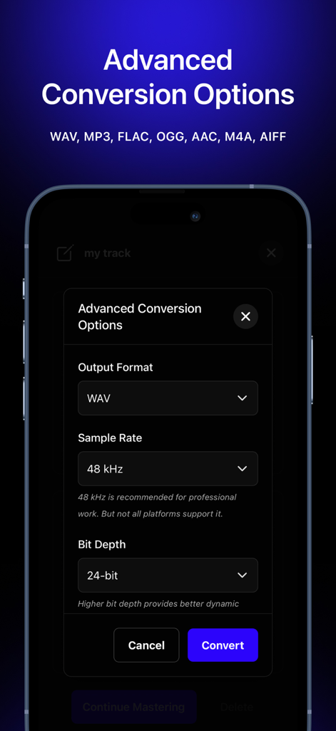 Audio Mastering - SoundBoost - Advanced audio conversion interface in SoundBoost showing settings for output format, sample rate, and bit depth.