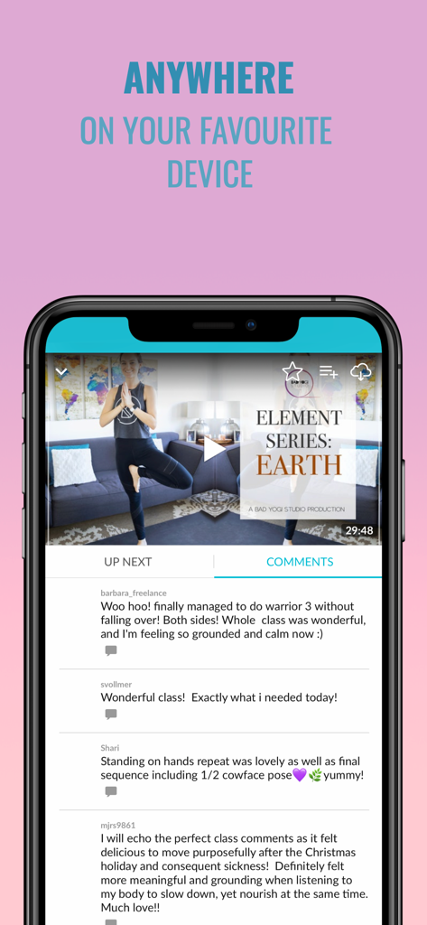 Bad Yogi Studio - Bad Yogi Studio mobile app interface displaying a yoga class video and user comments