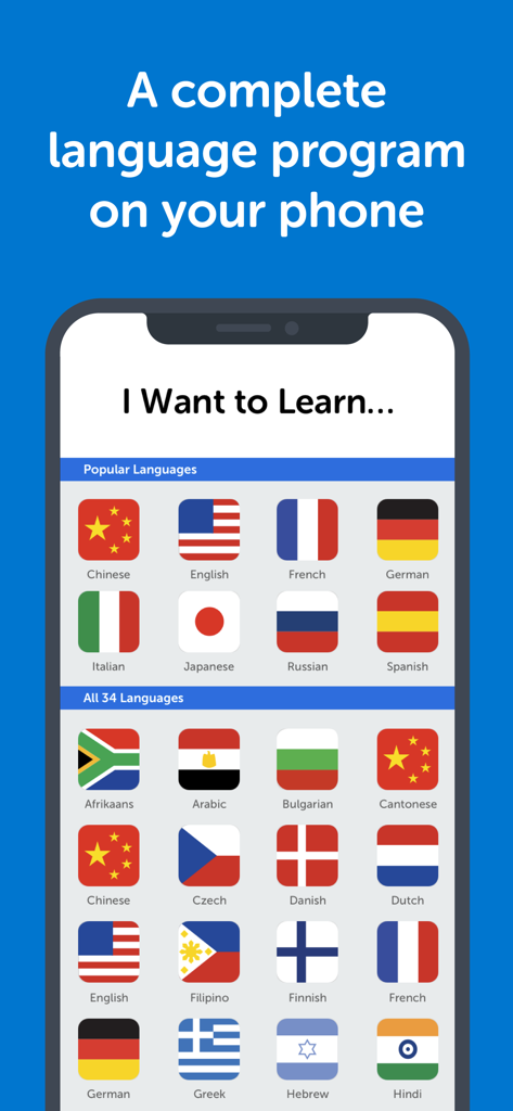 Innovative Language Learning - Innovative Language Learning app interface showing a list of 34 available languages to learn with national flags