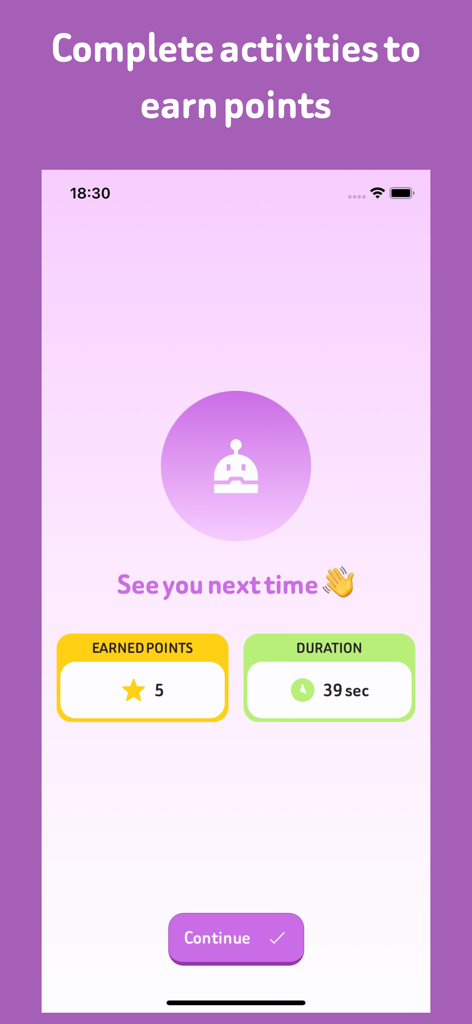 Smile companion - Smile companion app screen showing points earned and time spent on activities
