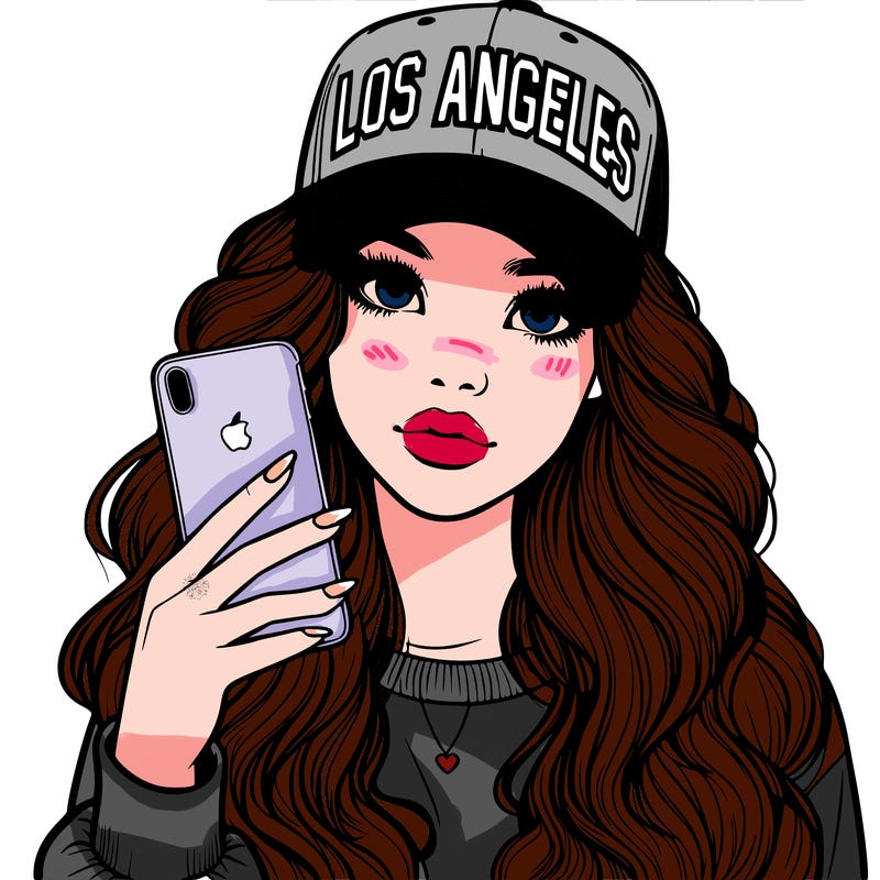 realistic beautiful girl wearing los ángeles cap holding an iphone