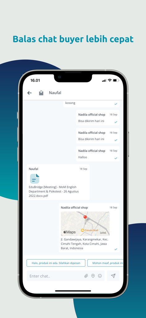 PaDi UMKM Seller - Screenshot of the PaDi UMKM Seller app chat interface showing business messages and file sharing