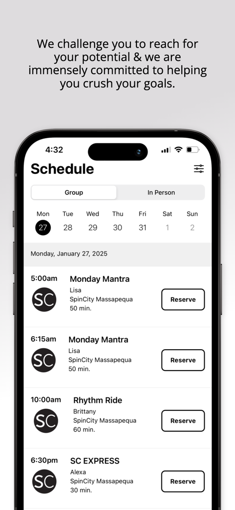 SpinCity 11762 - SpinCity 11762 mobile app displaying the weekly fitness class schedule with reservation buttons for Monday Mantra and Rhythm Ride sessions.