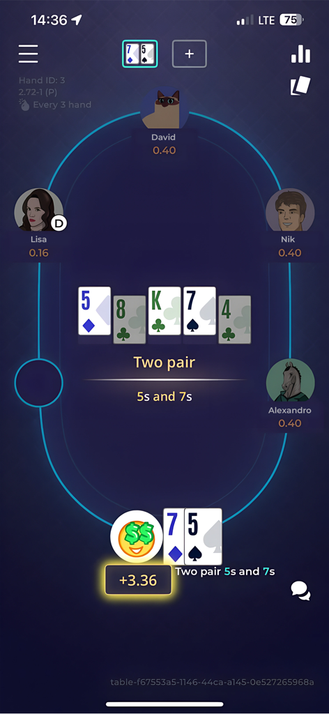 Una mano vincente di due coppie nell'app mobile POKS Poker con un design moderno ed emoji sociali