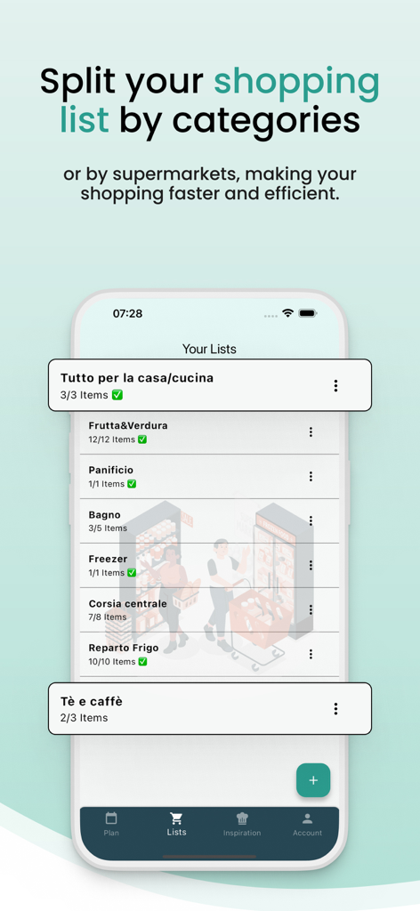 Weekly Menu - Wochenmenü-App-Oberfläche, die eine nach Lebensmittelkategorien sortierte Einkaufsliste anzeigt.