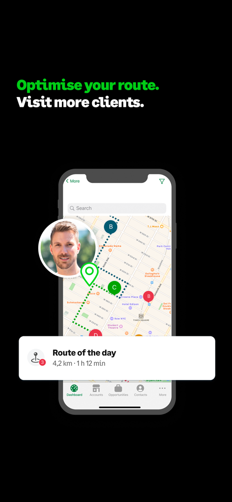 Smartphone screen showing an optimized sales route map and client meeting locations in the Sage Sales Management app.