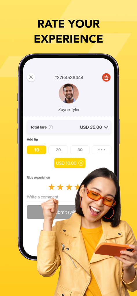 STROLL Guam app rating screen showing a driver profile with a 35 dollar fare and a 10 dollar tip selection
