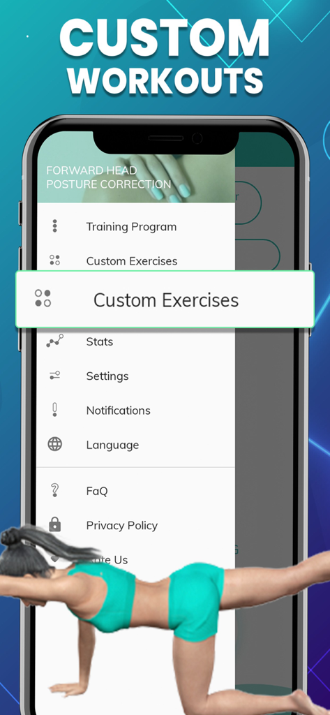 カスタムワークアウトのメニューと、姿勢エクササイズを行う女性の3Dモデルを表示するモバイルアプリのインターフェース