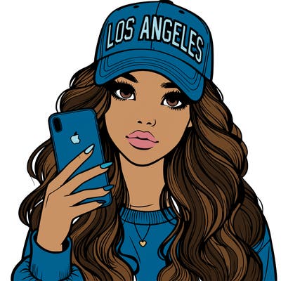 realistic beautiful girl wearing los ángeles cap holding an iphone