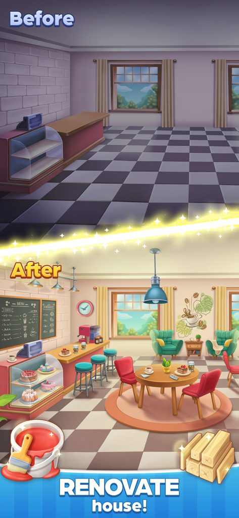 Comparaison avant et après d'une rénovation de café dans le jeu mobile Journey Home