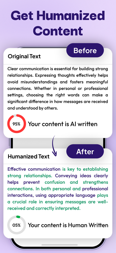 Humanize AI - Text Humanizer - Comparación antes y después de texto original escrito por IA transformado en contenido humanizado indetectable