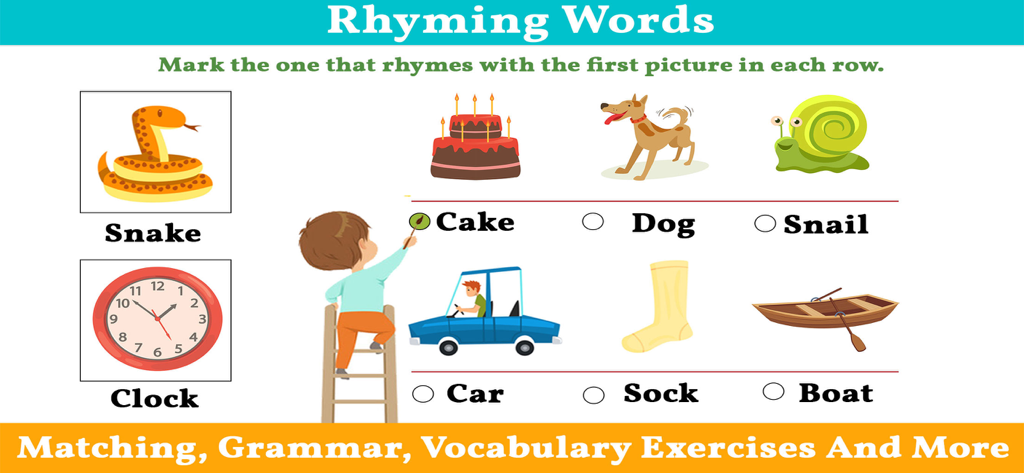 Uma tela educacional do aplicativo Kids Grammar and Vocabulary mostrando um exercício de correspondência de palavras que rimam com ilustrações de uma cobra e um relógio.