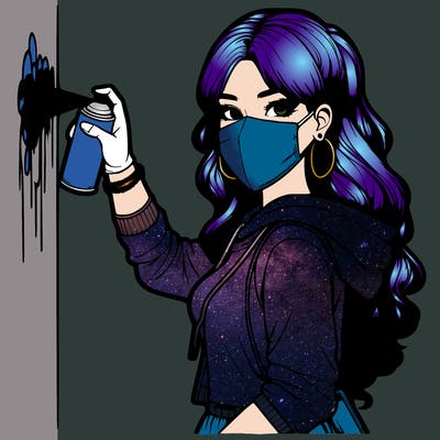 realistic girl with mask spray painting a wall