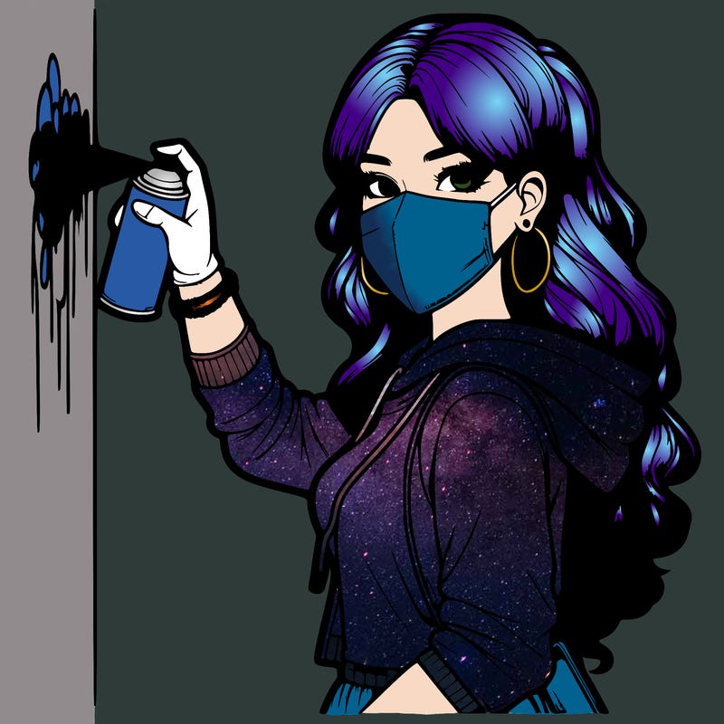 realistic girl with mask spray painting a wall