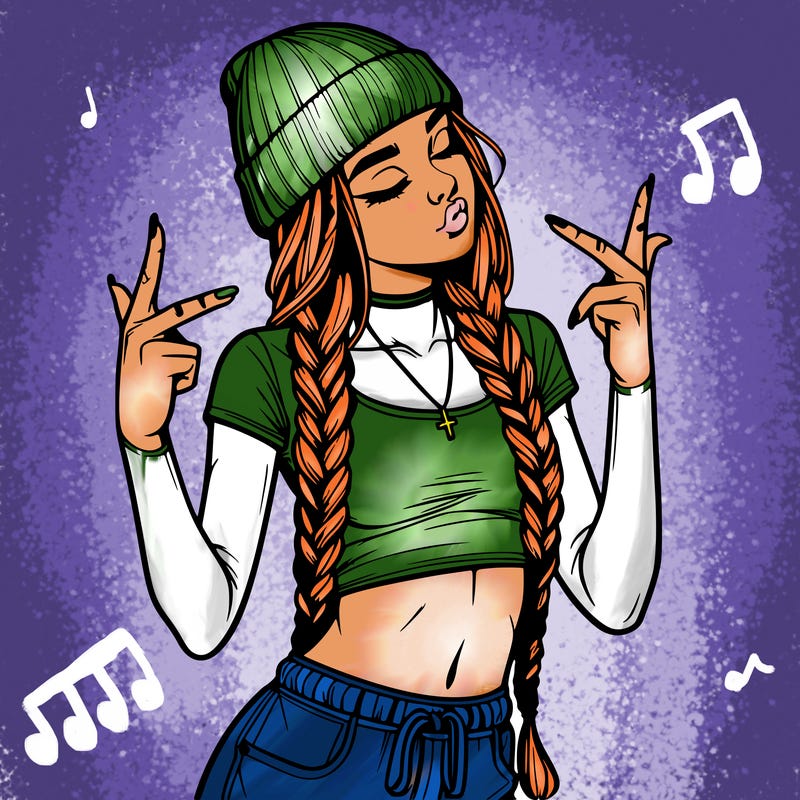 realistic teenage girl with braids and a beanie and crop top doing 🫶🏼