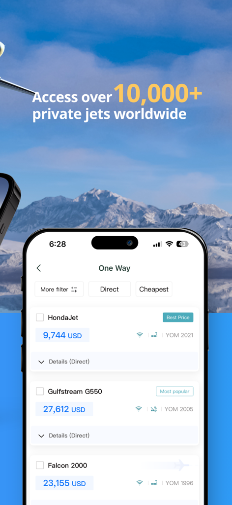 JETBAY app interface showing private jet charter search results with instant pricing for various aircraft models like HondaJet and Gulfstream.