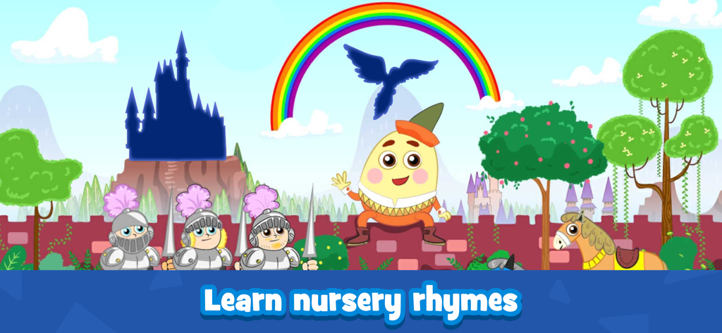 Interactive Humpty Dumpty nursery rhyme puzzle for toddlers featuring knights and a rainbow.