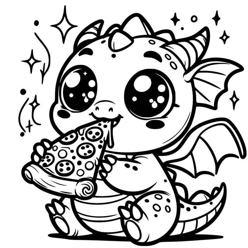 cute magical dragon with a big slice of pizza, big eyes