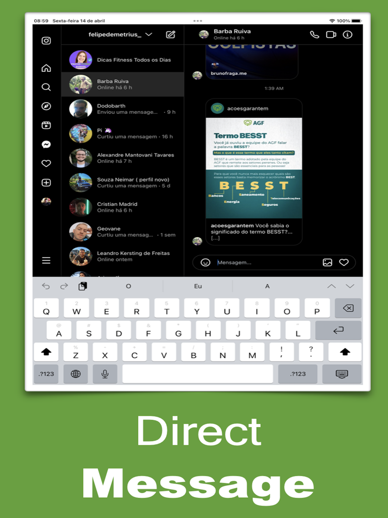 InsPad for Instagram - iPad의 InsPad for Instagram 직접 메시지 인터페이스