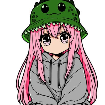 girl with anime shaped eyes with a dinosaur bucket hat oversized sweatshirt long straight hair