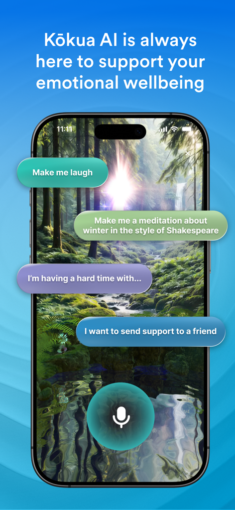 TRIPP App-Bildschirm, der den Kokua KI-Wellness-Guide mit interaktiven Chat-Aufforderungen und Sprachsteuerung über einem ruhigen Waldhintergrund zeigt.
