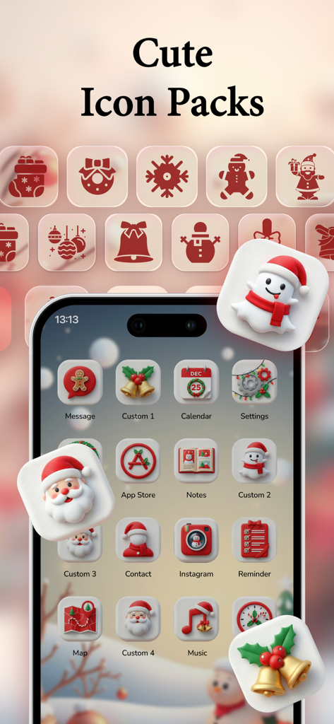 A collection of cute Christmas themed app icons and a festive lock screen on an iPhone.