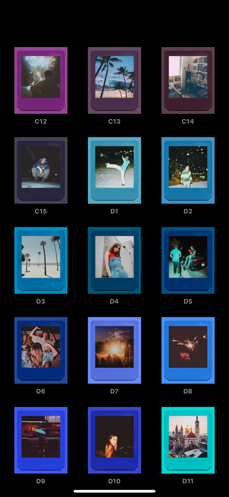 A grid of vintage film presets and filters shown in instant photo frames.