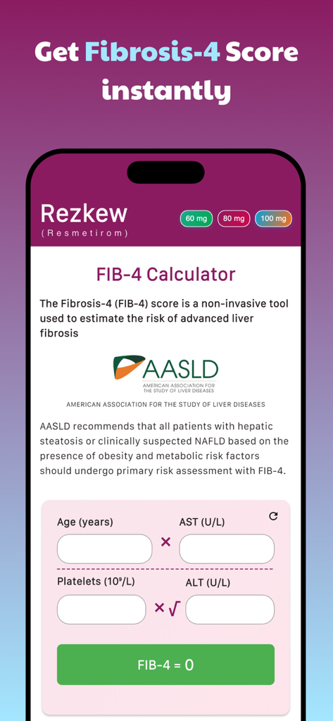 FIB 4 Calculator mobile app interface for liver fibrosis risk assessment