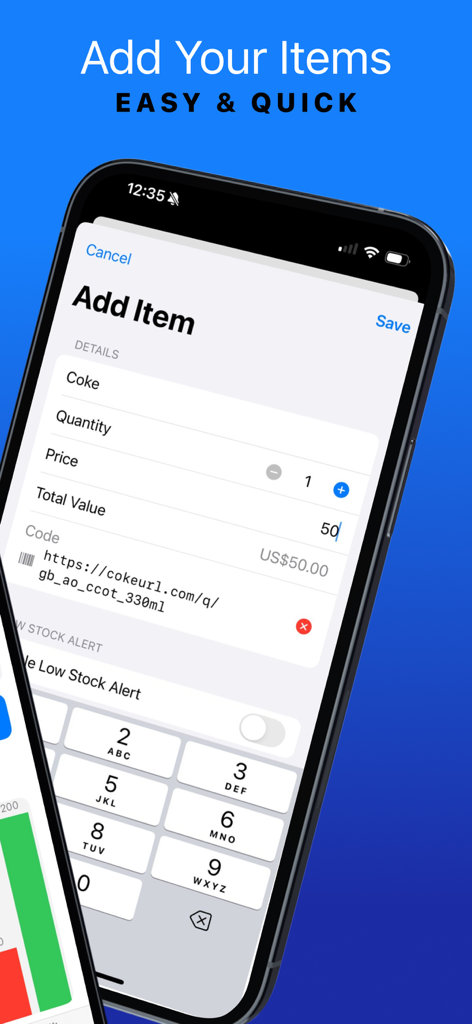Mobile screen showing the add item form in the Easy Inventory Tracker app with fields for quantity price and barcode
