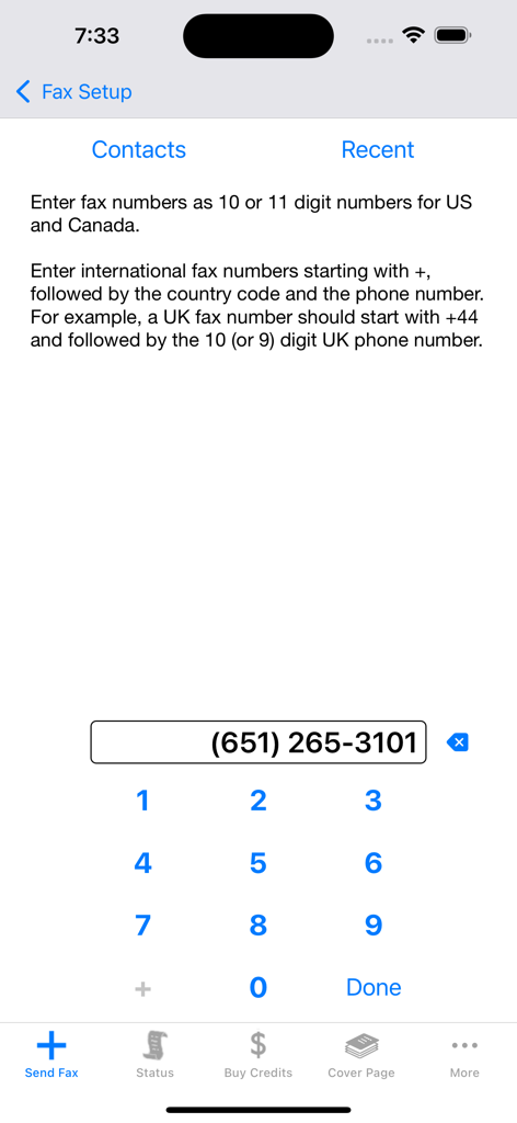 FAX for iPhone - send fax app - 数字キーパッドとフォーマット指示を備えた、FAX for iPhoneアプリのFAX番号入力インターフェース