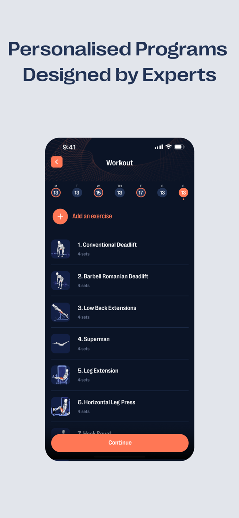 Zenoアプリの画面。パーソナライズされたプログラムの筋力トレーニングエクササイズのリストを表示。